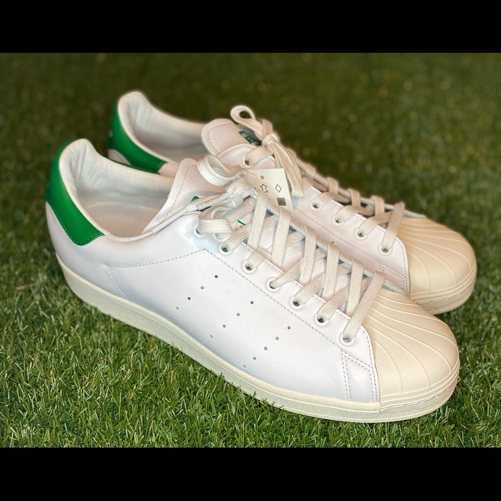 Adidas Stan Smith White Leather Sneakers with Green Heel Tab and Accents